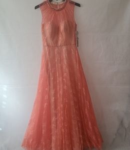 Jolene 15069 Coral Lace Sheer Sleeveless Gown